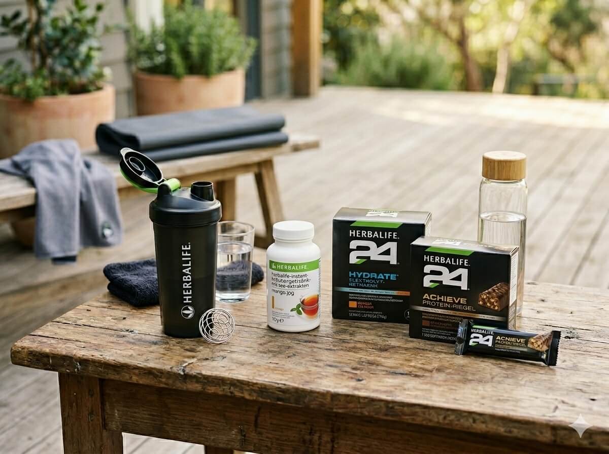 Drei Herbalife-Produkte für die Regeneration: H24 Rebuild Strength, Formula 1 Sport und Herbalife24 Hydrate, arrangiert auf einem Holztisch mit Sportausrüstung